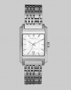 Familiar Burberry checks are subtly designed into the bracelet of this elegant stainless steel watch with a silver dial.Quartz movement Water-resistant to 5ATM Smooth bezel Square stainless steel case; 26 mm (.98) X 29 mm (1.14) Silver sunray textured dial Bar hour markers Date display at 6:00 Second hand Stainless steel link bracelet in check pattern; 16mm wide (.63) Made in Switzerland