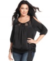 Show off your sassy side in DKNY Jeans' three-quarter-sleeve plus size top, highlighted by lace trim and cutouts.