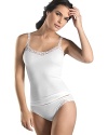 A pretty camisole with swiss lace detail along neckline and straps for a flattering silhouette. Style #1612