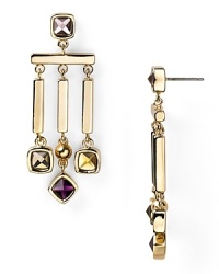 MARC BY MARC JACOBS renders this pair of dangly earrings in gold-plated metal with multi-colored stones for a dramatic, wear-with-all statement.