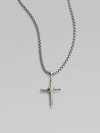 From the Thoroughbred Collection. A delicate cabled cross of sterling silver wrapped in 14k yellow gold on a sterling silver box link chain. Sterling silver with 14k gold accent Cross length, about 1 Chain length, about 16 Lobster clasp Made in USA