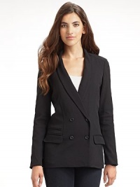 THE LOOKTuxedo lapel Double breasted button front Long sleeves Welt and flap pockets at hipsTHE FITAbout 28 from shoulder to hemTHE MATERIAL95% wool/5% Lycra spandex Fully linedCARE & ORIGINDry clean Imported