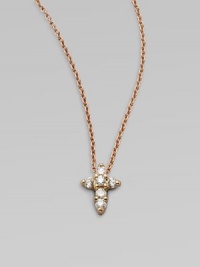 A petite cross that sparkles with diamonds in 18k rose gold on a chain link necklace. Diamonds, .11 tcw18k goldLength, about 16 to 18 adjustablePendant size, about ¼ Lobster clasp closureMade in Italy