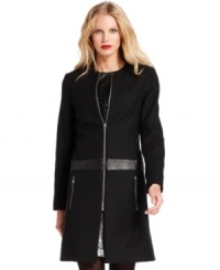 MICHAEL Michael Kors crafts this contemporary petite coat with a collarless silhouette and a luxe faux leather waistband.