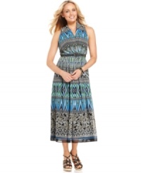 Mixed prints add a bold dynamic to this maxi dress from Jones New York and a matching belt makes for a flattering silhouette!