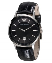 A handsome watch with attractive dark hues, by Emporio Armani. Black croc-embossed patent leather strap and round stainless steel case. Black dial with silvertone stick indices, logo and date window. Quartz movement. Water resistant to 50 meters. Two-year limited warranty.