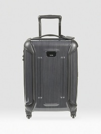 A sleek and lightweight travel piece is constructed in triple-layered polycarbonate with four wheels for easy maneuverability. A spacious interior and several pockets keeps everything neatly and easily organized. Zip-around closure with TSA-access locks Aircraft-grade telescoping handle Wide, smooth-rolling wheels 17W X 25H X 11½D Imported