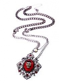 GOTH LUXE PUNK SKULL RED MEDALLION PENDANT GOTHIC NECKLACE WITH ANTIQUED CHAIN