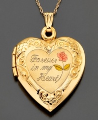 Keep loved ones close with this beautiful 14k gold heart locket. Embellished with elegant engraving, this locket proclaims its contents are Forever in my heart. Approximate length: 18 inches. Approximate drop: 1 inch.