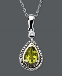 The perfect hue for a special summer birthday. August's birthstone is the peridot, and this teardrop-shaped gemstone (3/4 ct. t.w.) really makes a statement. Crafted in sterling silver and 14k gold setting with a sparkling diamond accent. Approximate length: 18 inches. Approximate drop: 1 inch.