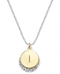 Letter perfection. This sterling silver necklace holds a pendant set in 14k gold and sterling silver plated topped with an I and adorned with crystal for a stunning statement. Approximate length: 18 inches. Approximate drop: 7/8 inch. Approximate drop width: 5/8 inch.