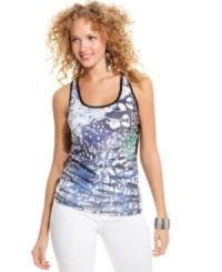 Punch-up your weekend style in a printed, sequin-loving tank top that adds the spice to sporty! From BCX.