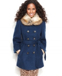 A collar of faux fur gives Laundry's double-breasted coat a cozy -- and luxurious -- touch. The belted waist creates a feminine silhouette, too.