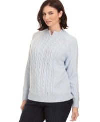 Pearl closures lend a polished finish to Karen Scott's long sleeve plus size sweater, accented by a cable front.