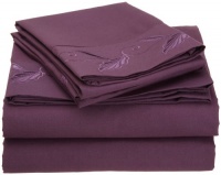 Cathay Home Fashions Luxury Silky Soft Leaf Design Embroidered Microfiber Queen Sheet Set, Plum