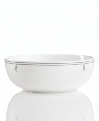 With a pure white finish and simple, geometric edge in durable bone china, the Links serving bowl from Hotel Collection presents the main course or a leafy green salad with modern elegance.