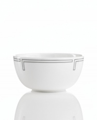 With a pure white finish and simple, geometric edge in durable bone china, the Links cereal bowl from Hotel Collection has a look of quiet elegance that's ideal at modern tables.