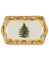 A sun-yellow partridge and pear tree motif lend new cheer to the annual dessert tray and what's already a symbol of the season – Spode's Christmas Tree dinnerware.