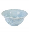 Sculpted blooms and a classic silhouette make the Toulouse cereal bowl by Fitz and Floyd a charming part of any casual landscape. A rustic sky-blue glaze adds to its antique appeal.