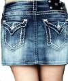 Women's Miss Me Denim Mini Skirt with Flap Pockets and Crystal Accents