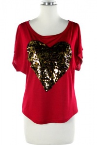 Fashion Jewelry - SEQUINS HEART DETAIL SHORT SLEEVE TOP- By Fashion Destination | Free Shipping (Red)