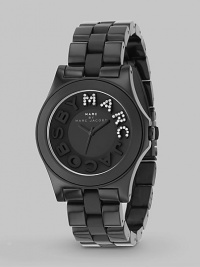 A smart black finish and a sparkle logo create drama in a watch that puts a little fun in function. Quartz movement Water-resistant to 3ATM Round stainless steel case, 40mm diameter (1.57) Black plastic dial with logo letter hour markers and rhinestone Marc Second hand Black plastic link bracelet; 20mm (.79) Imported