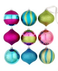 Catch a break with shatterproof ornaments from Kurt Adler. Fun neon colors and graphic glitter motifs make this playful set of drops and balls a favorite new addition to your tree.