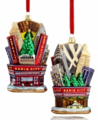 Make it a Christmas spectacular with the show-stopping Rockettes and so much more in this Radio City Christmas Hall ornament from Kurt Adler. Shown front and back.