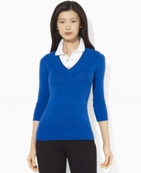 Sport a chic layered look without the bulk, wearing Lauren by Ralph Lauren's soft cotton sweater with a layered polo shirt neckline. (Clearance)