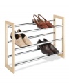 A real natural at order and organization-the simplistic design holds up to 21 pairs of shoes on a charming wood frame with three tiers of metal expandable support bars. Make even more storage space by combining two or more of these stackable racks to instantly clean up clutter at home.