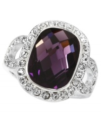 Vintage appeal. The stunning shape and sparkle of City by City's unique cocktail ring make it an elegant piece for your collection. Crafted in silver tone mixed metal with a rectangular-shaped purple cubic zirconia (14-1/2 ct. t.w.) surrounded by sparkling clear crystals. Size 7.