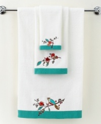 Featuring the blossoming branches and water-colored birds of the whimsical dinnerware pattern, the Chirp embroidered fingertip towel from Lenox Simply Fine brings the beauty of the outdoors right inside your bath. Featuring pure cotton embellished with embroidery detail and bold teal border.