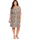 DKNYC Women's Plus-Size Lynx Print Long Sleeve Roll Tab Shirt Dress