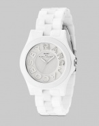 A sleek stainless steel timepiece with glitzy logo dial and sporty plastic link bracelet.Quartz movement Water resistant to 5 ATM White dial Round stainless steel case, 40mm, (1.57) Logo hour markers along outer concave ring with rhinestone 'Marc' Second hand Plastic link bracelet, 20mm, (.78) Tri-fold buckle Imported 