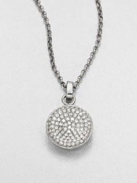 From the Brilliance Collection. A pretty pavé pendant has a slight concave shape that enhances the sparkle of its light-catching glass stones as it hangs from a graceful silvery chain.GlassSilvertoneChain length, about 16Pendant diameter, about .5Clasp closeImported