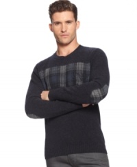 Armani Jeans takes all the elements of a prep-style pullover-elbow patches, plaid, crew-neck-and puts them on a sweater that comes out looking totally original.