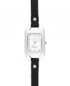 Simplicity reigns with this slim and chic watch by Nine West. Crafted of textured black leather strap and rectangular silver tone mixed metal case. Silver tone dial features dot markers, hour and minute hands, sweeping second hand and logo at six o'clock. Quartz movement. Limited lifetime warranty.