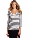 Three Dots Women's Stripe Long Sleeve V-Neck Top, White, Small