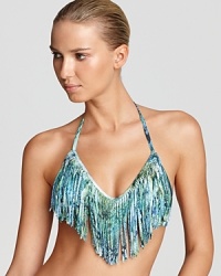 L*Space delivers a spectacular swim look with this fringed halter bikini top, with a bold V-neck design and a stunning aqua pattern. Mix and match with the coordinating swimwear, solids, or go totally boho and pair it with bell bottoms and platform shoes on the boardwalk.