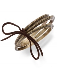 Tastefully textured. This set of 3 bangle bracelets from Lauren Ralph Lauren features ribbed detail and a suede cord tying it all together. Crafted in gold tone mixed metal. Approximate diameter: 2-3/4 inches.