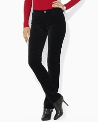 Designed in stretch velvet for comfort and a flattering fit, the slimming modern straight pant is distinguished by a sleek silhouette with chic, elongated straight leg.