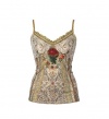 Michal Negrin Whimsy Tank Top Crafted with Ruffled Metallic Lace and Velvet Trim, Glitter and Swarovski Crystals Enhanced Victorian Flowers and Lace Like Motifs - Size M