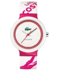 Get into the pink with this men's and women's watch from Lacoste. White and pink logo design silicone strap. White plastic round case and round white dial with logo and stick indices. Quartz movement. Water resistant to 30 meters. Two-year limited warranty.