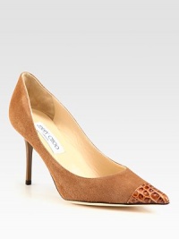 Lady-like silhouette of rich suede with a crocodile-embossed leather point toe. Lacquered heel, 3½ (90mm)Suede upper with crocodile-embossed leather point toePoint toeLeather lining and solePadded insoleMade in ItalyOUR FIT MODEL RECOMMENDS ordering one half size up as this style runs small. 