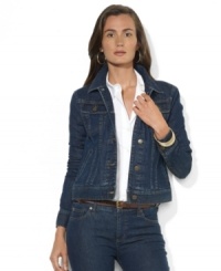 Constructed in bold-hued denim with a hint of stretch, Lauren Jeans Co.'s denim jacket is a flattering, modern take on a classic jean jacket.