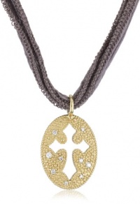 Mizuki 14k Gold and Diamond Cut Out Gothic Cross on Gray Silk Necklace