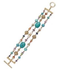 Glass pearls and reconstituted turquoise beads add an elegant finish to this three-row bracelet from Lauren Ralph Lauren. Ring and toggle closure. Crafted in 14k gold-plated mixed metal. Approximate length: 7-1/2 inches.