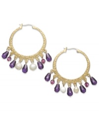 Head-turning elegance from Lauren Ralph Lauren. These textured hoop earrings take a modern approach with colorful beads fashioned from resin and glass. Crafted in 14k worn gold-plated brass. Approximate drop: 1-1/2 inches. Approximate diameter: 1-1/4 inches.