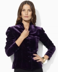 Lauren Ralph Lauren's lustrous velvet jacket is designed with a military-inspired buttoned placket and elegant puffed sleeves.