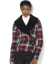 Rendered in soft fleece, Lauren Ralph Lauren's unique topper is crafted with faux- shearling at the neckline and an elegant toggle closure.